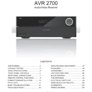 Harman kardon avr 2700 service manual cover with picture of the AV Receiver with model type and number