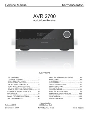 Harman kardon avr 2700 service manual cover with picture of the AV Receiver with model type and number