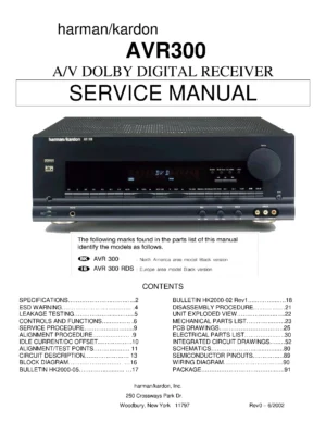 Harman kardon avr 300 service manual cover with picture of the AV Receiver with model type and number