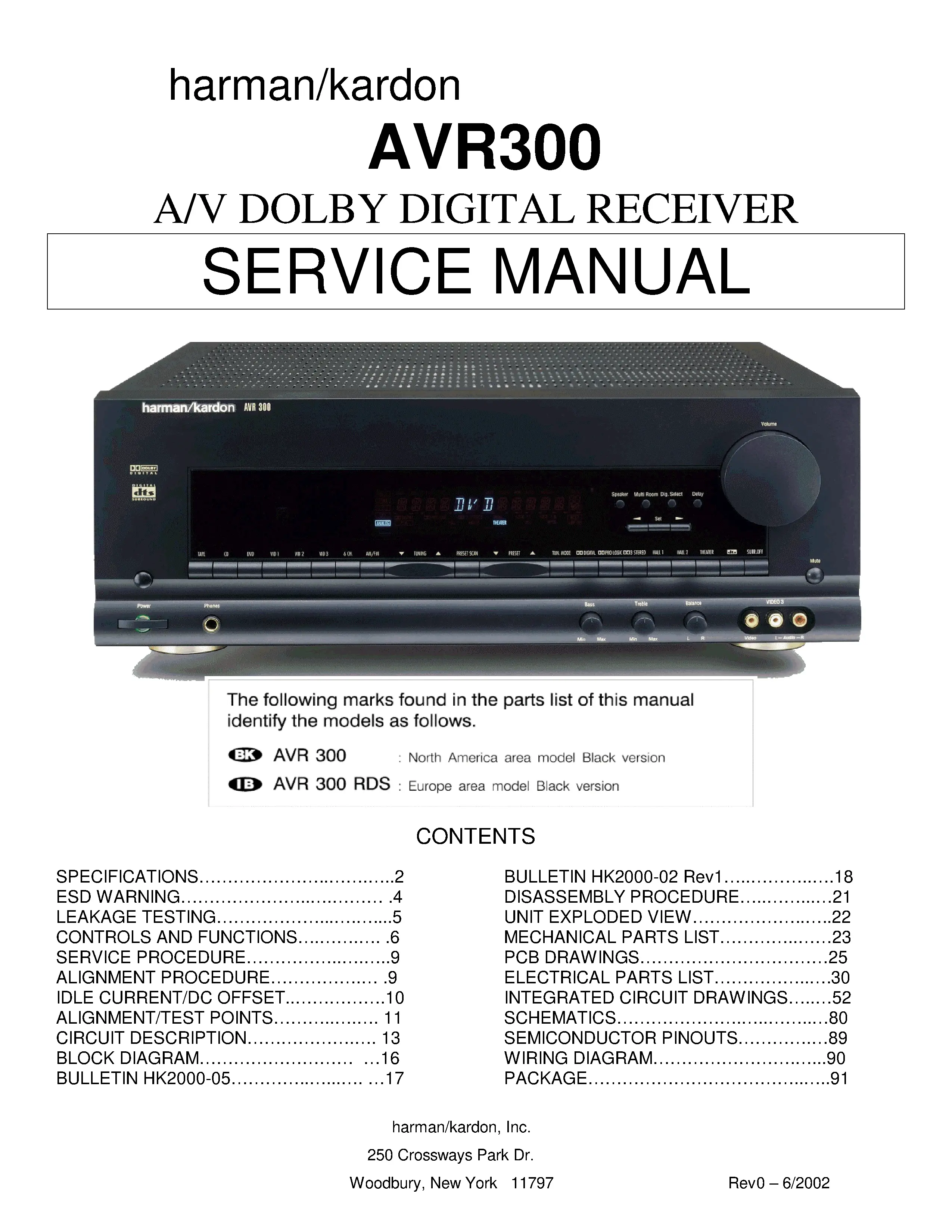Harman kardon avr 300 service manual cover with picture of the AV Receiver with model type and number