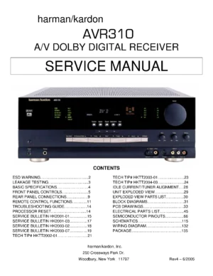 Harman kardon avr 310 service manual cover with picture of the AV Receiver with model type and number