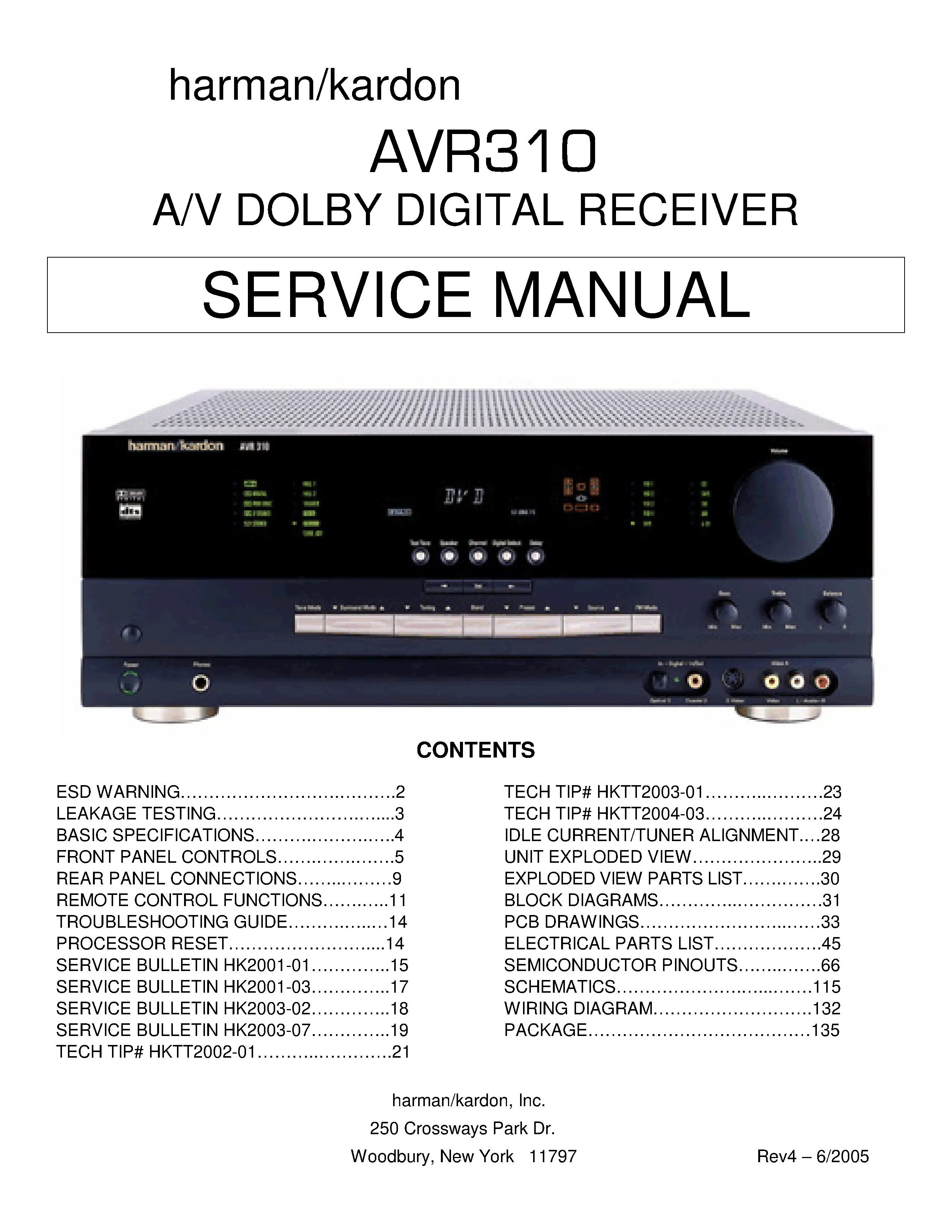Harman kardon avr 310 service manual cover with picture of the AV Receiver with model type and number
