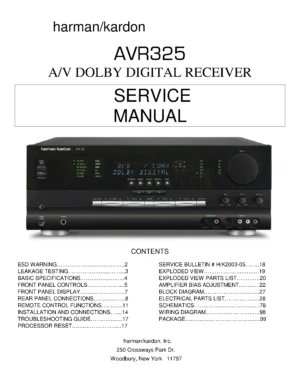 Harman kardon avr 325 service manual cover with picture of the AV Receiver with model type and number