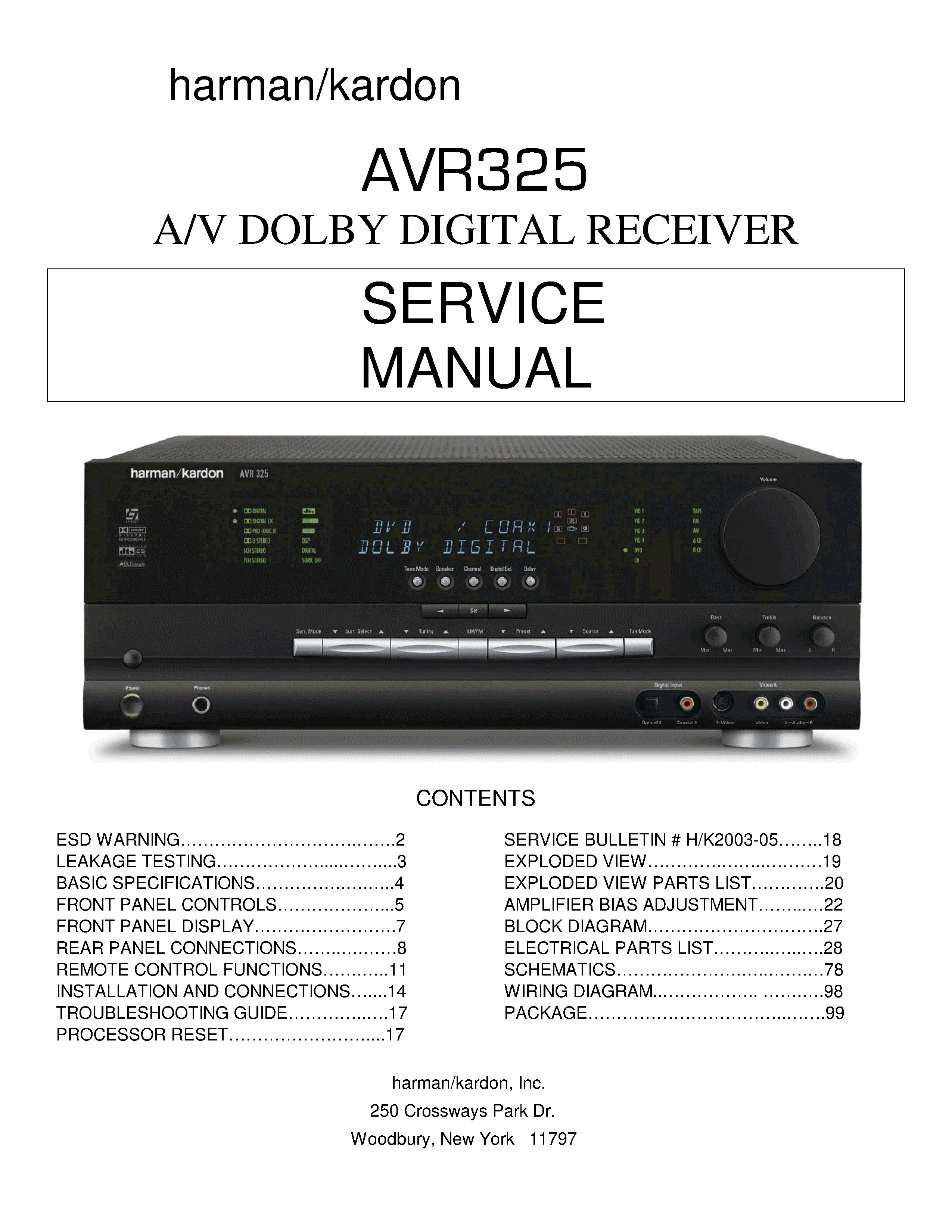 Harman kardon avr 325 service manual cover with picture of the AV Receiver with model type and number