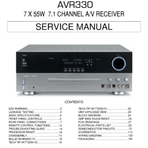 Harman kardon avr 330 service manual cover with picture of the AV Receiver with model type and number