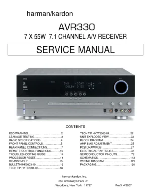 Harman kardon avr 330 service manual cover with picture of the AV Receiver with model type and number