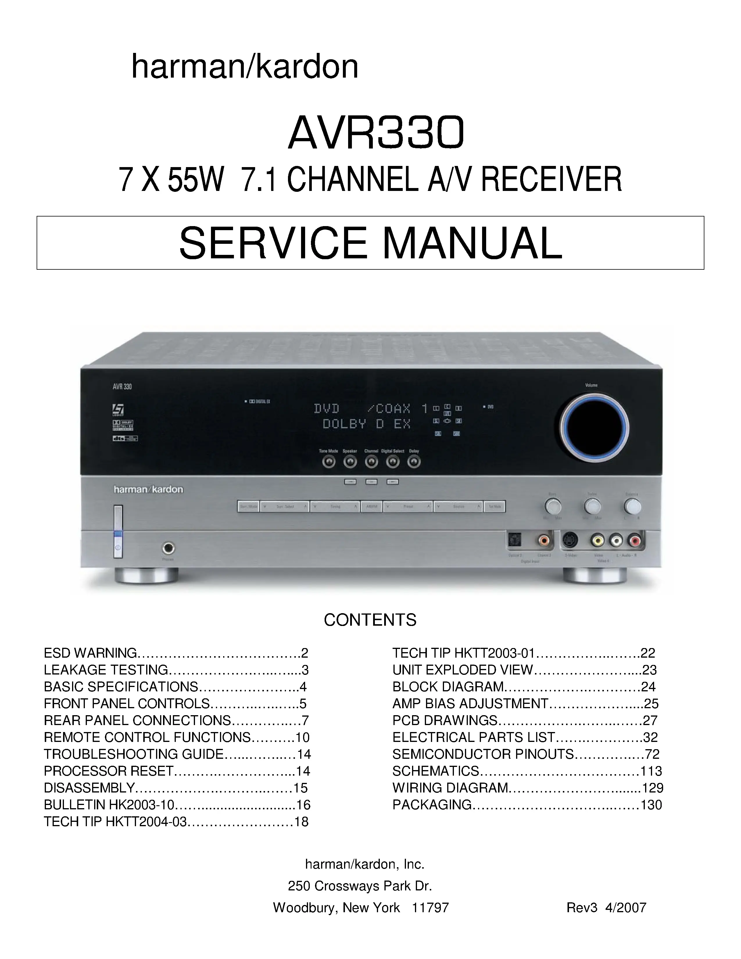 Harman kardon avr 330 service manual cover with picture of the AV Receiver with model type and number