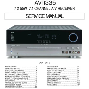 Harman kardon avr 335 service manual cover with picture of the AV Receiver with model type and number