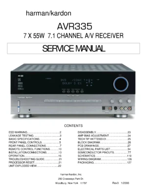 Harman kardon avr 335 service manual cover with picture of the AV Receiver with model type and number