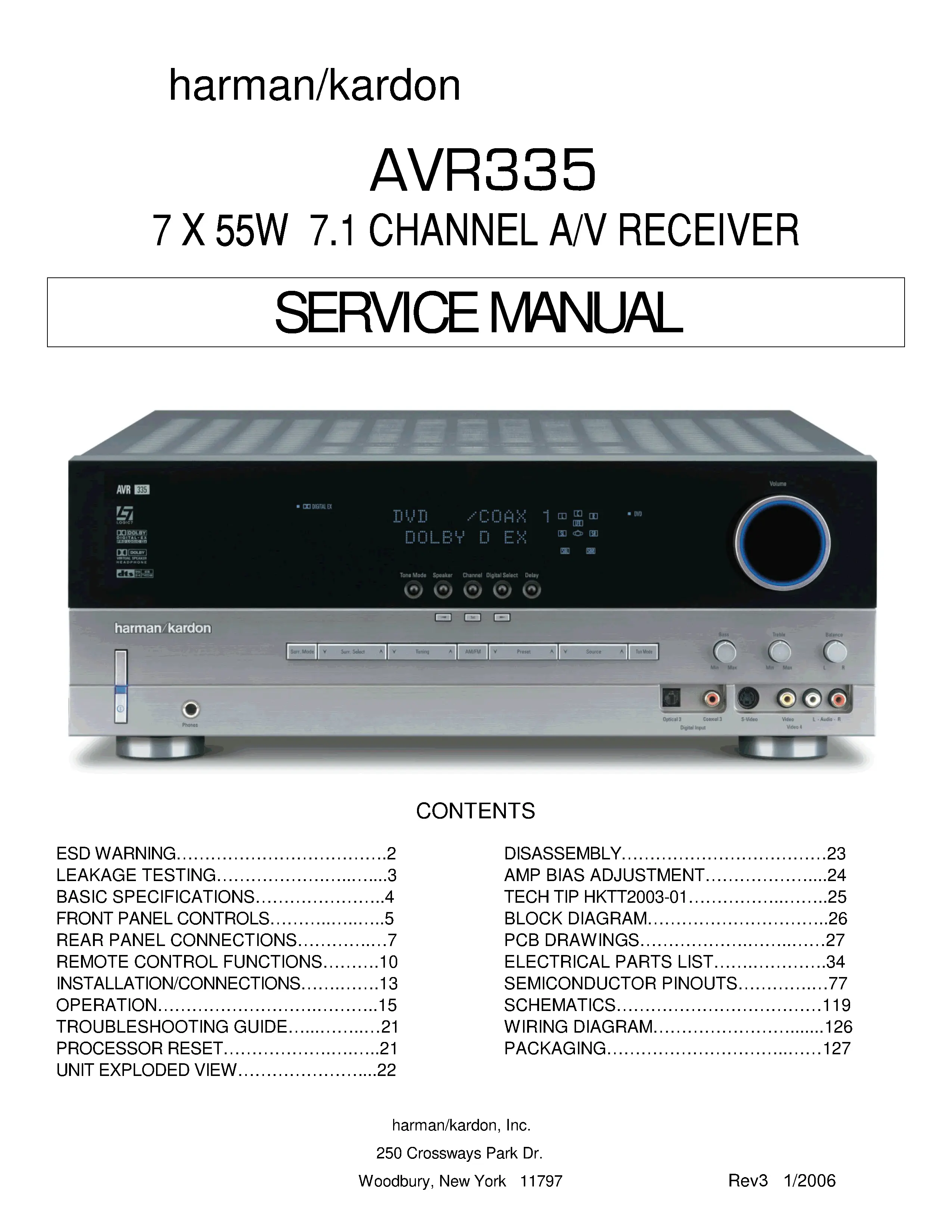 Harman kardon avr 335 service manual cover with picture of the AV Receiver with model type and number