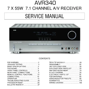 Harman kardon avr 340 service manual cover with picture of the AV Receiver with model type and number