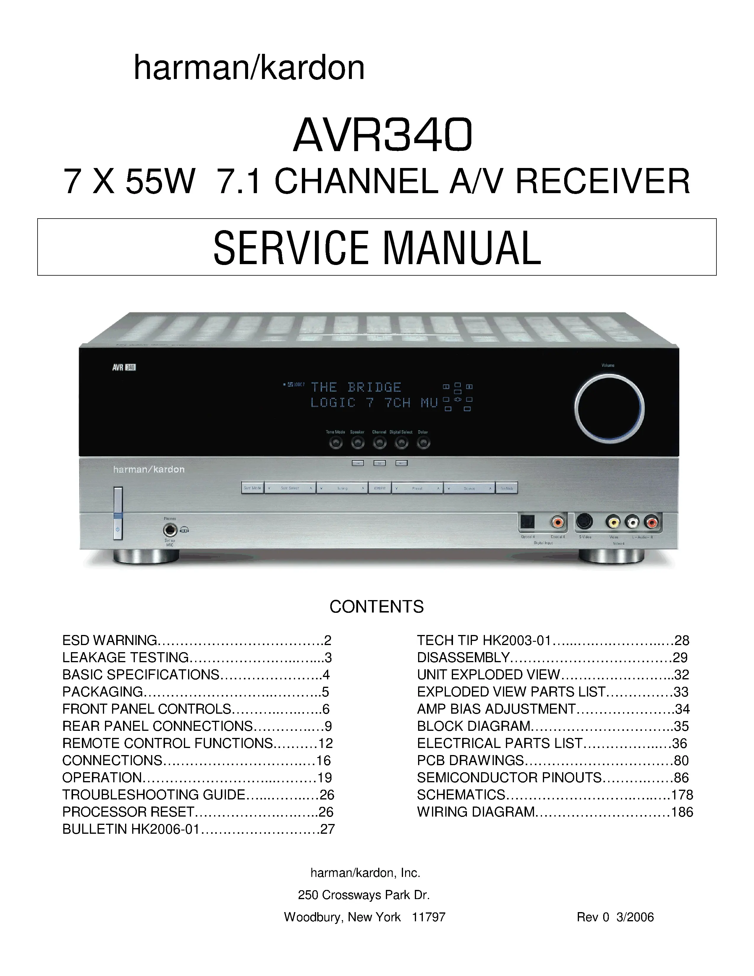 Harman kardon avr 340 service manual cover with picture of the AV Receiver with model type and number