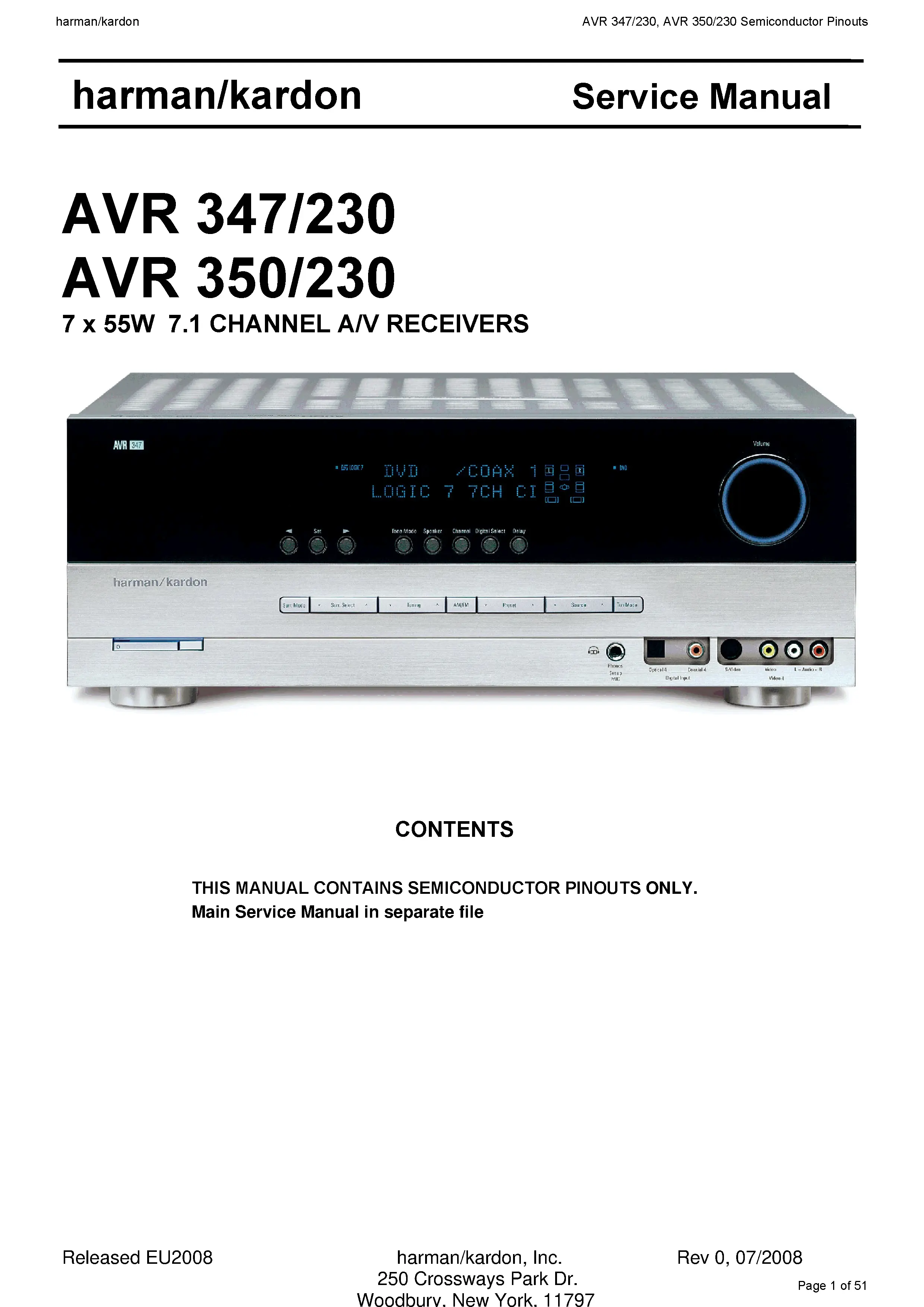 Harman kardon avr 350 service manual cover with picture of the AV Receiver with model type and number