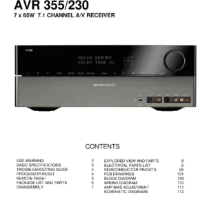 Harman kardon avr 355 avr 230 service manual cover with picture of the AV Receiver with model type and number