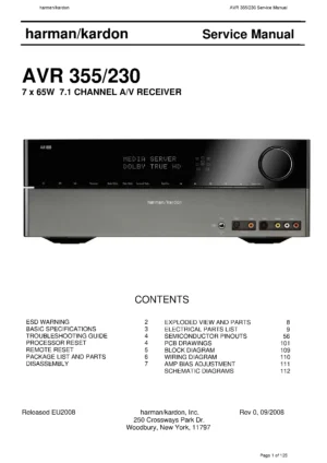 Harman kardon avr 355 avr 230 service manual cover with picture of the AV Receiver with model type and number