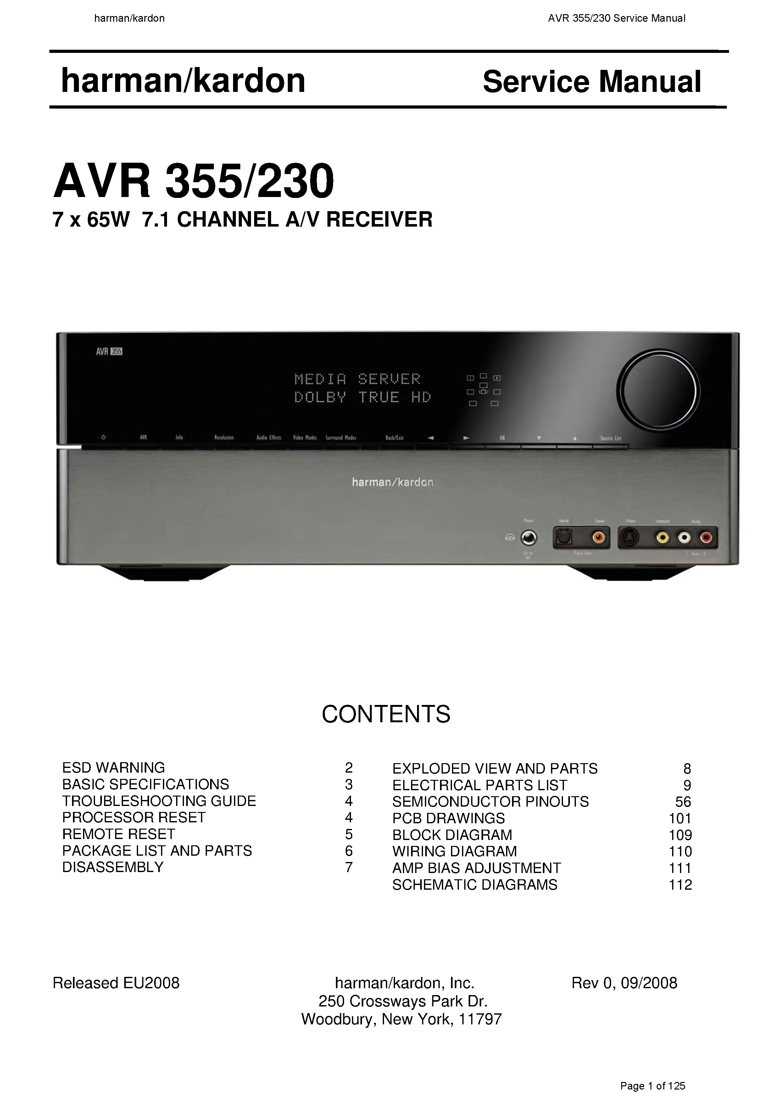 Harman kardon avr 355 avr 230 service manual cover with picture of the AV Receiver with model type and number