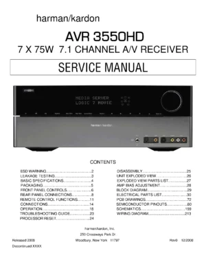 Harman kardon avr 3550hd service manual cover with picture of the AV Receiver with model type and number