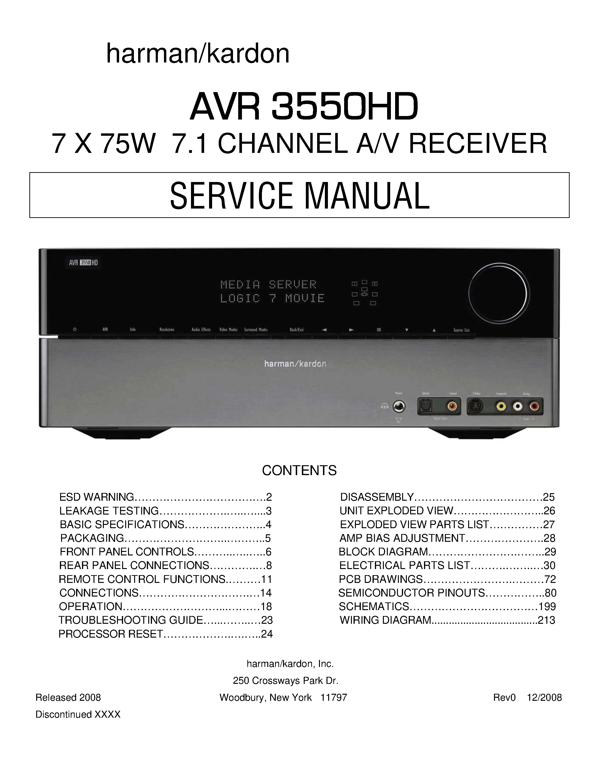 Harman kardon avr 3550hd service manual cover with picture of the AV Receiver with model type and number