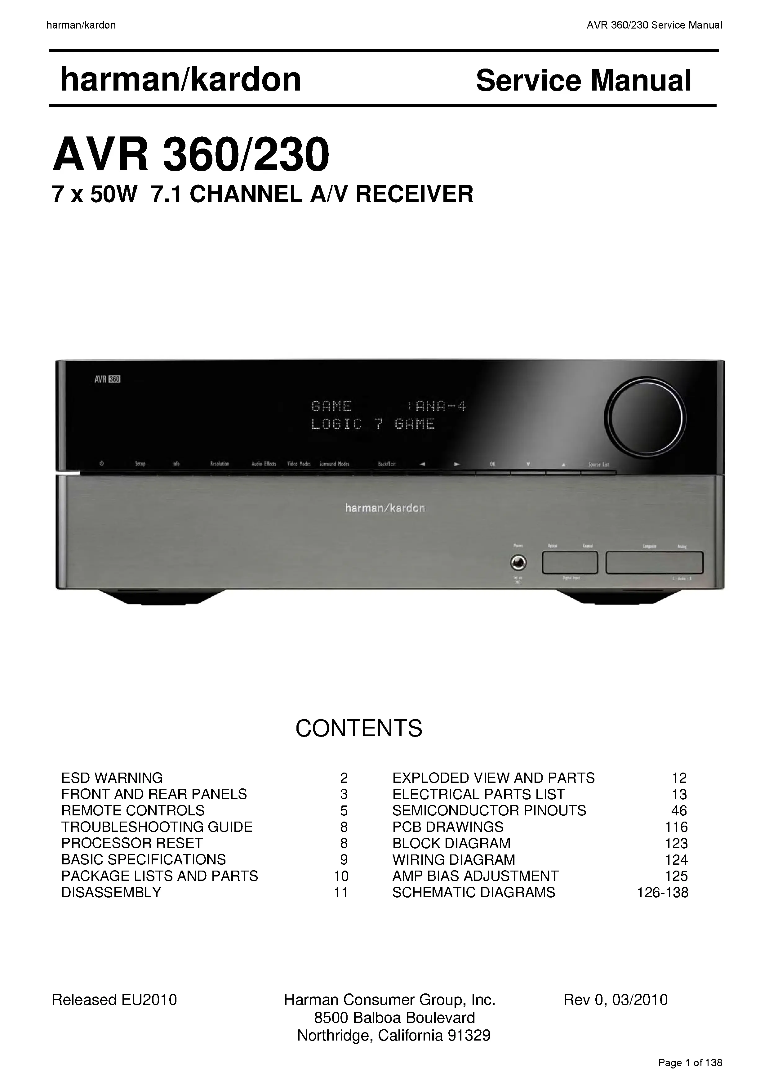 Harman kardon avr 360 service manual cover with picture of the AV Receiver with model type and number