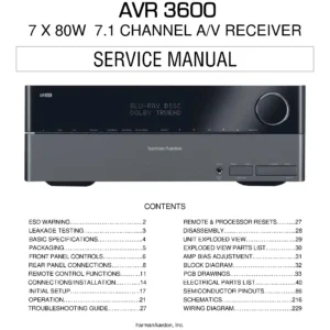 Harman kardon avr 3600 service manual cover with picture of the AV Receiver with model type and number