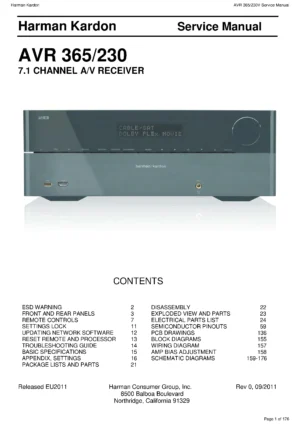 Harman kardon avr 365 service manual cover with picture of the AV Receiver with model type and number