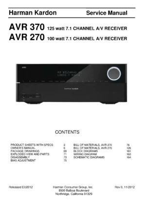 Harman kardon avr 370 service manual cover with picture of the AV Receiver with model type and number