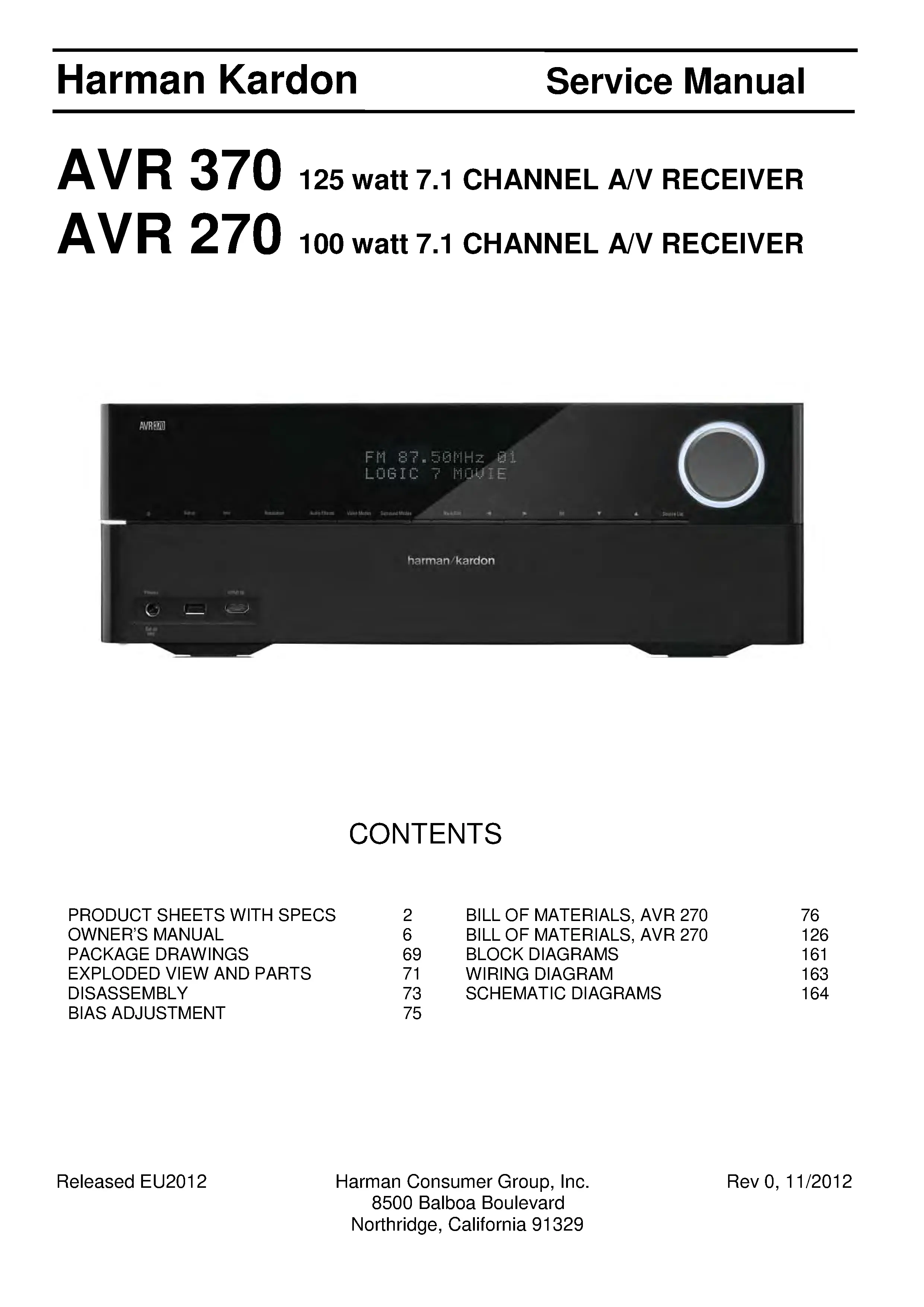 Harman kardon avr 370 service manual cover with picture of the AV Receiver with model type and number