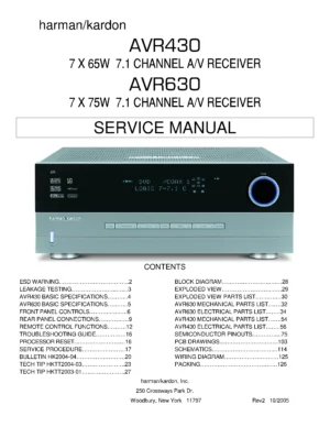 Harman kardon avr 430 avr 630 service manual cover with picture of the AV Receiver with model type and number