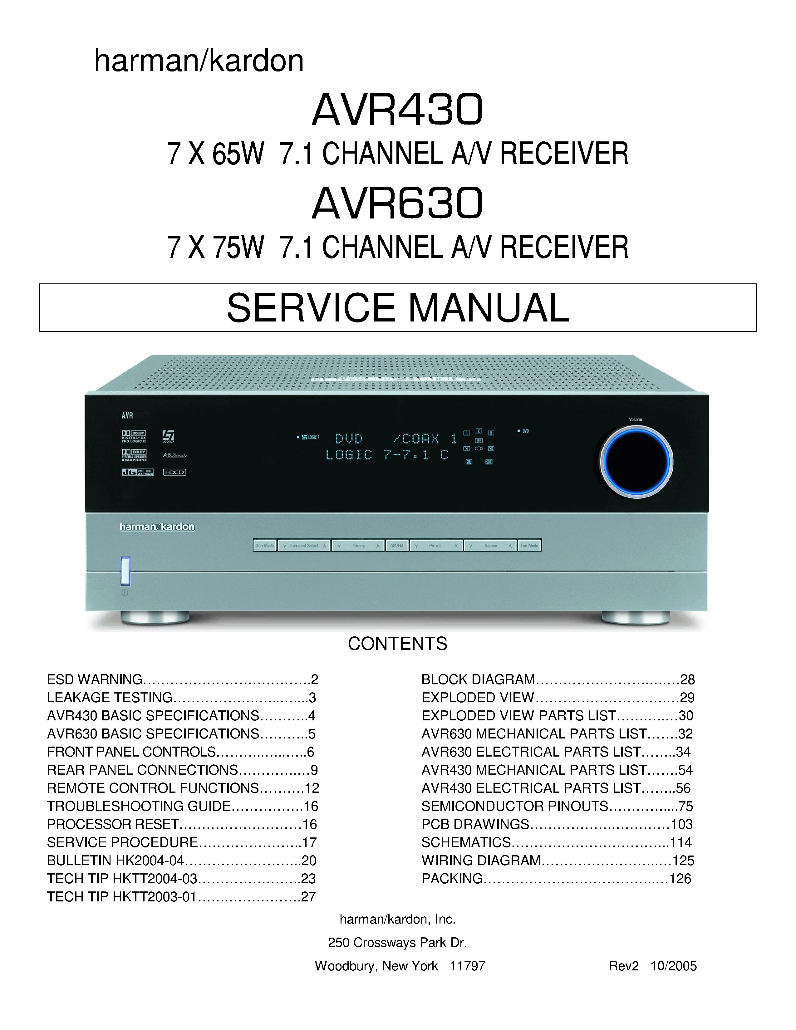 Harman kardon avr 430 avr 630 service manual cover with picture of the AV Receiver with model type and number