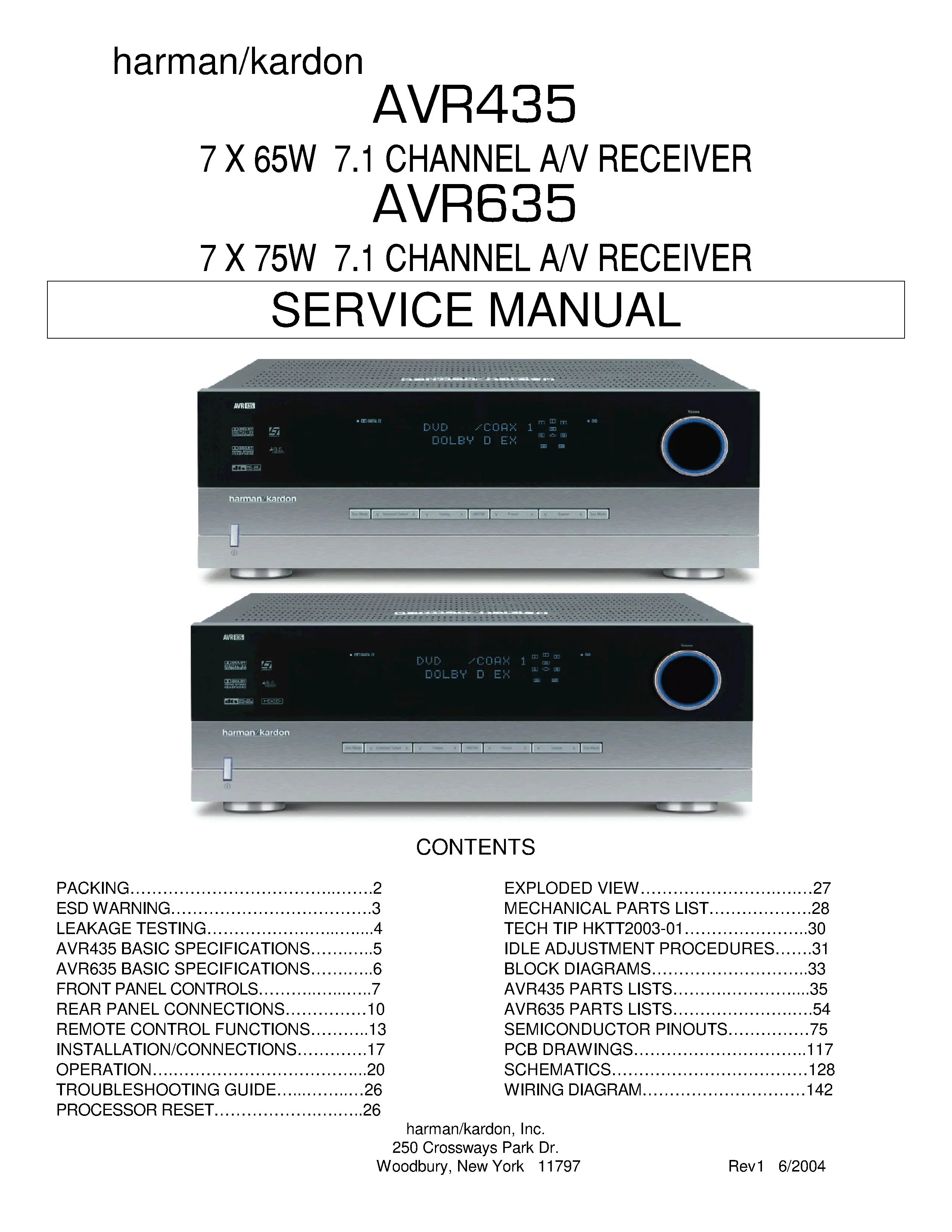 Harman kardon avr 435 635 service manual cover with picture of the AV Receiver with model type and number