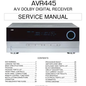 Harman kardon avr 445 service manual cover with picture of the AV Receiver with model type and number
