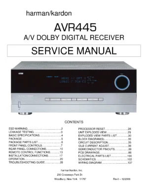 Harman kardon avr 445 service manual cover with picture of the AV Receiver with model type and number