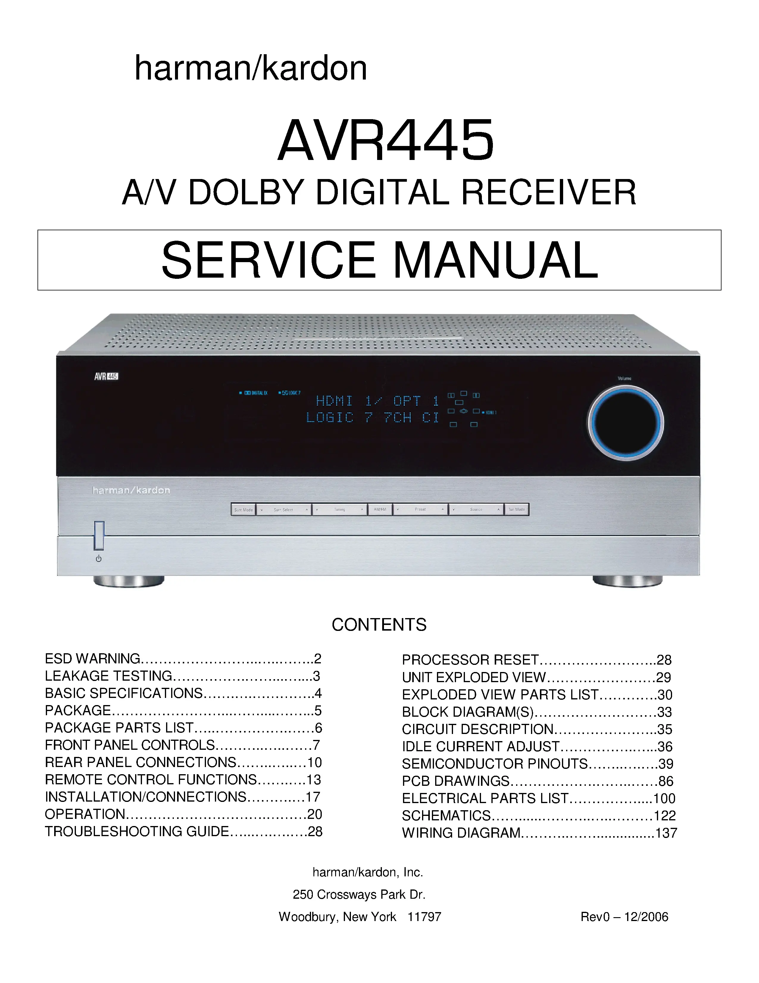 Harman kardon avr 445 service manual cover with picture of the AV Receiver with model type and number
