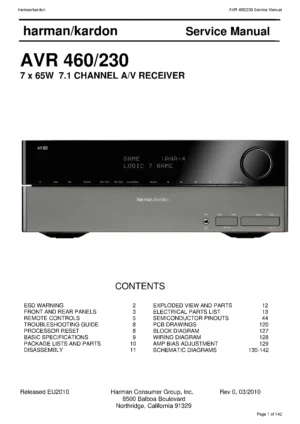 Harman kardon avr 460 service manual cover with picture of the AV Receiver with model type and number