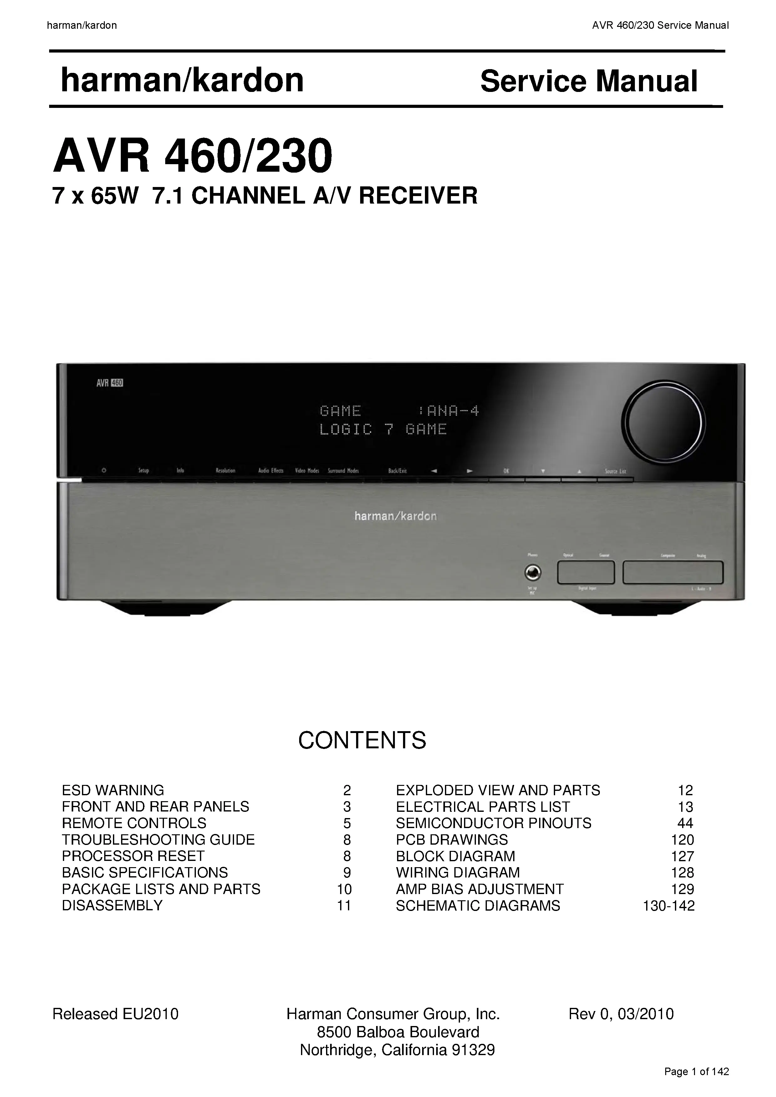 Harman kardon avr 460 service manual cover with picture of the AV Receiver with model type and number