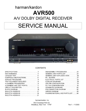 Harman kardon avr 500 service manual cover with picture of the AV Receiver with model type and number