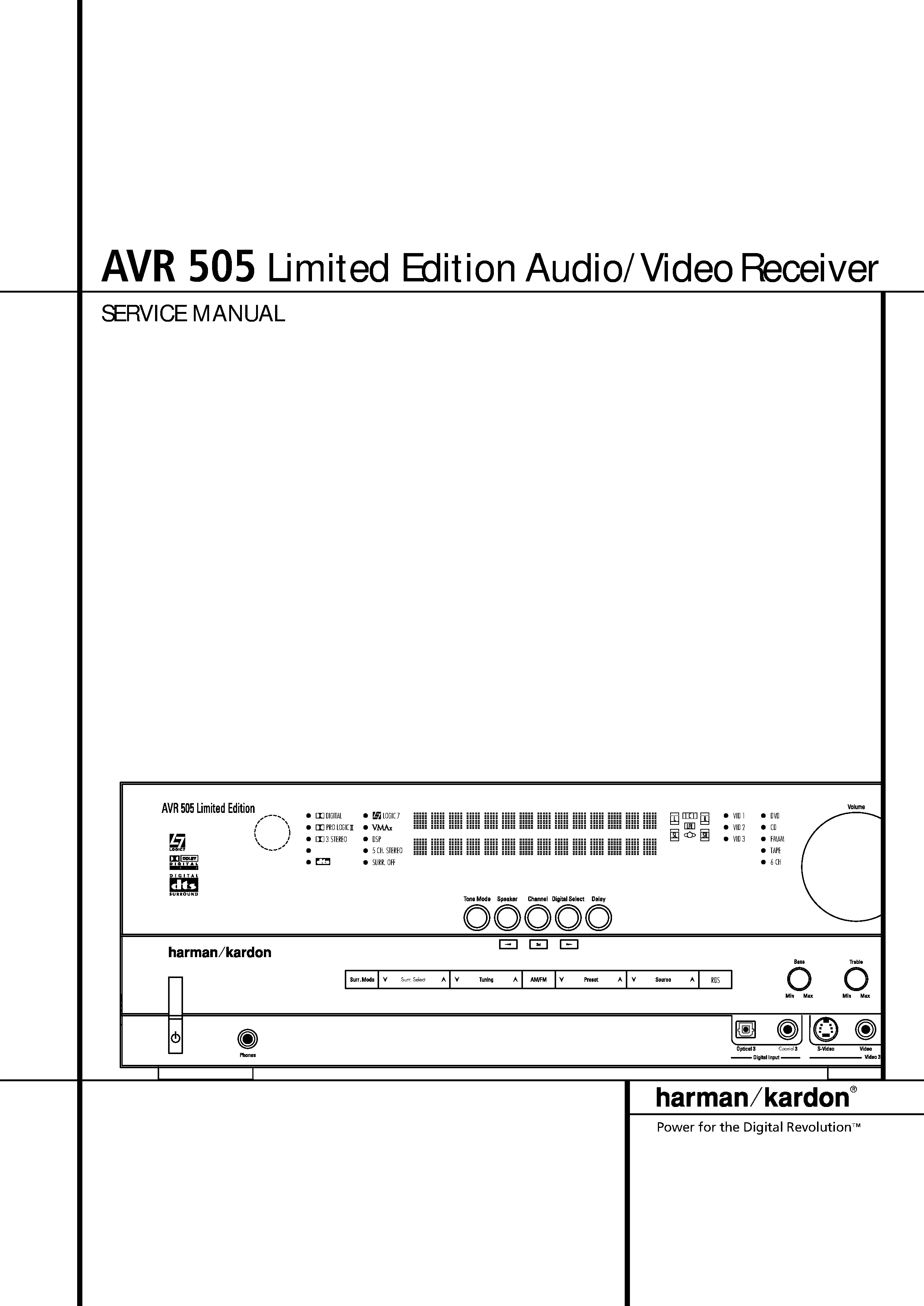 Harman kardon avr 505 service manual cover with picture of the AV Receiver with model type and number