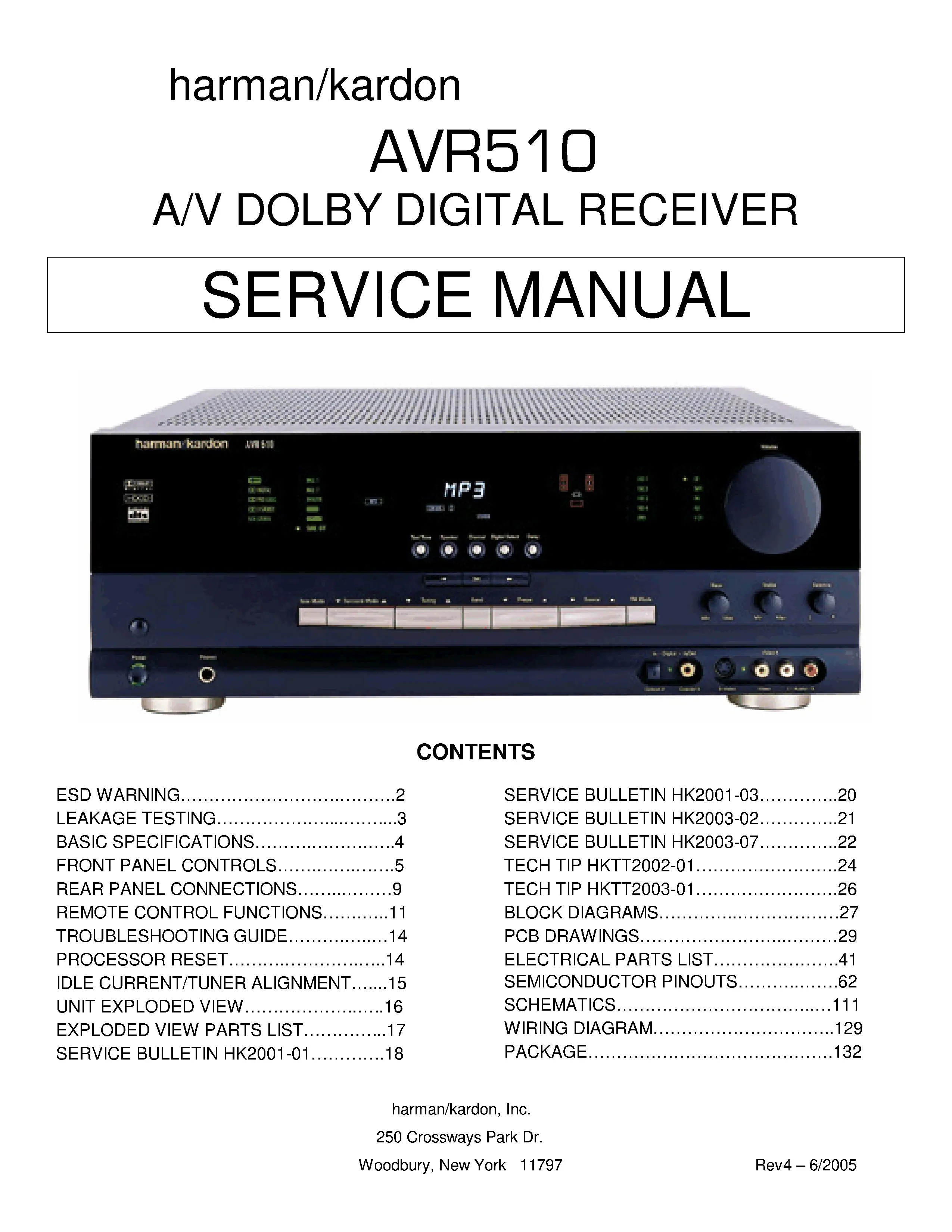 Harman kardon avr 510 service manual cover with picture of the AV Receiver with model type and number