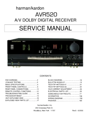 Harman kardon avr 520 service manual cover with picture of the AV Receiver with model type and number