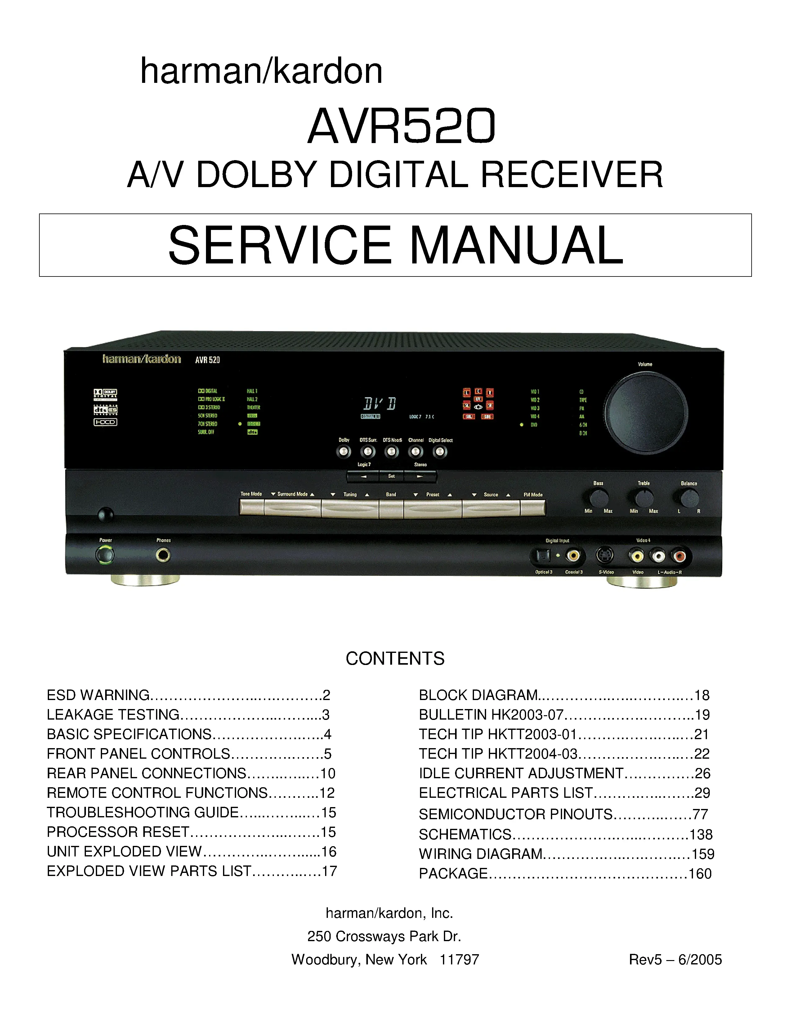 Harman kardon avr 520 service manual cover with picture of the AV Receiver with model type and number