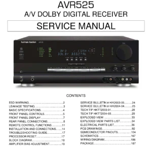 Harman kardon avr 525 service manual cover with picture of the AV Receiver with model type and number