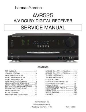 Harman kardon avr 525 service manual cover with picture of the AV Receiver with model type and number