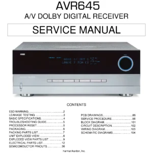 Harman kardon avr 645 service manual cover with picture of the AV Receiver with model type and number