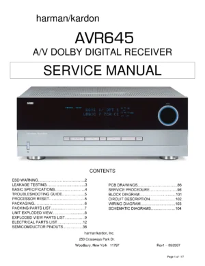Harman kardon avr 645 service manual cover with picture of the AV Receiver with model type and number