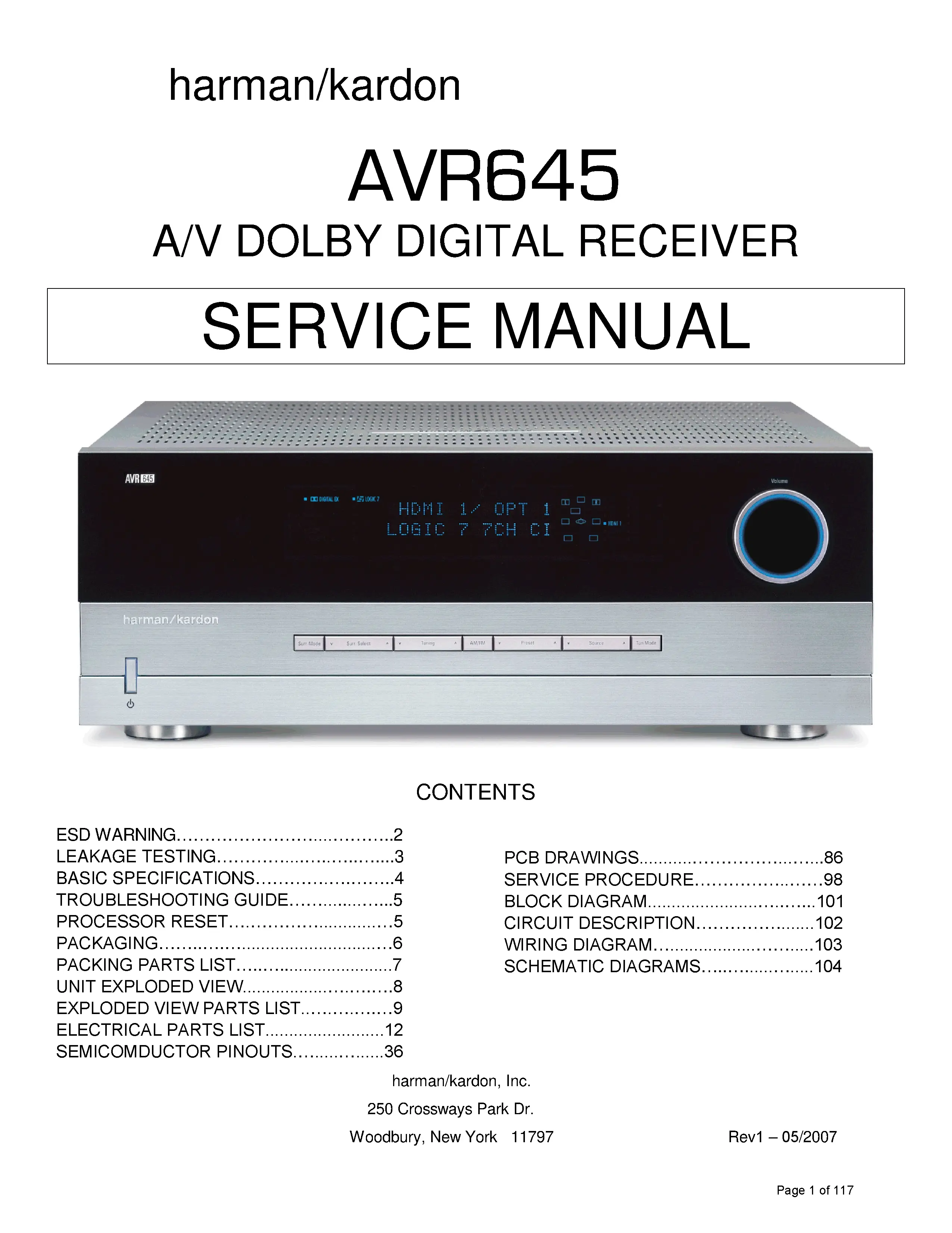 Harman kardon avr 645 service manual cover with picture of the AV Receiver with model type and number