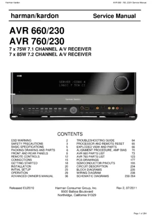 Harman kardon avr 660 760 service manual cover with picture of the AV Receiver with model type and number