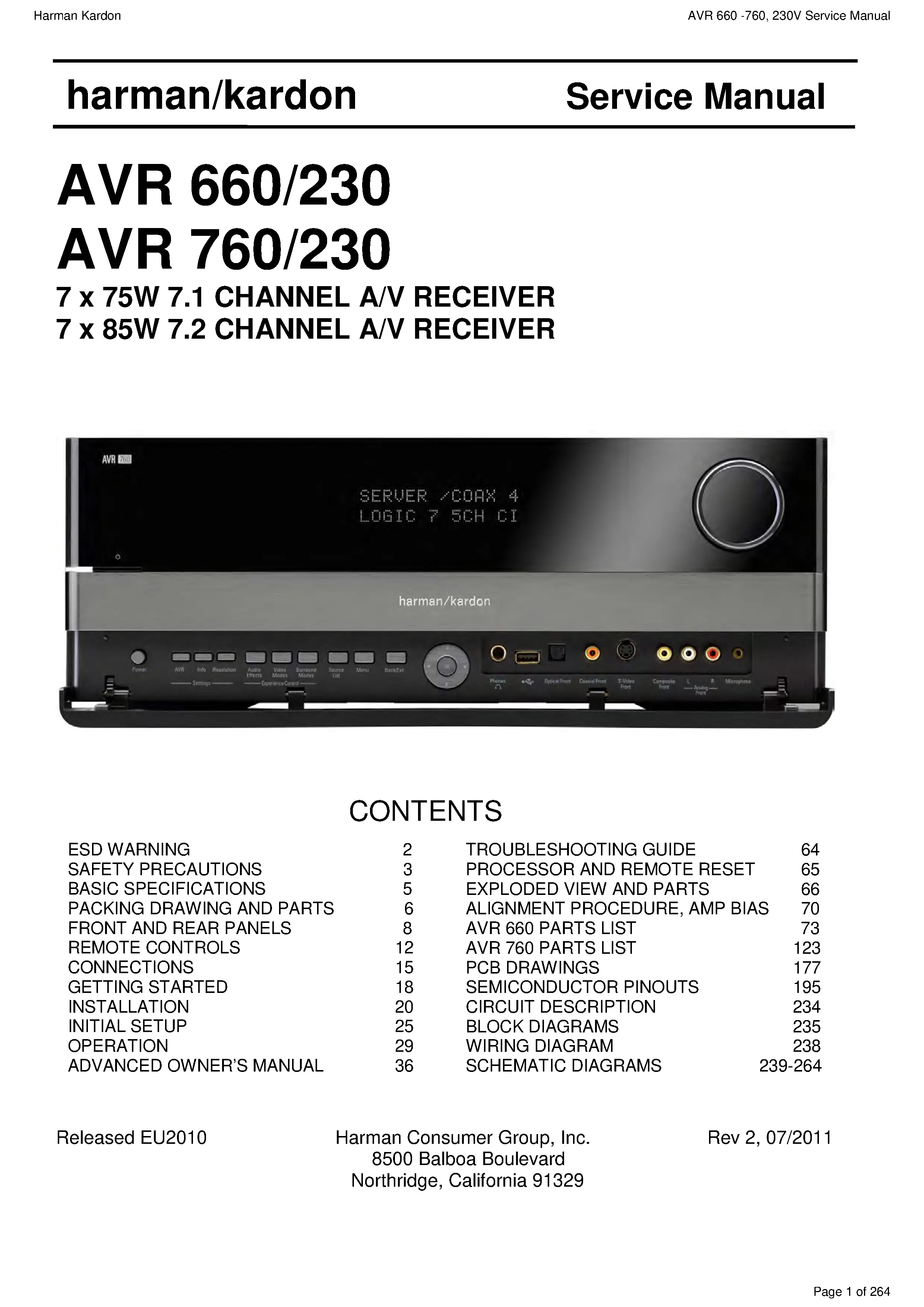 Harman kardon avr 660 760 service manual cover with picture of the AV Receiver with model type and number