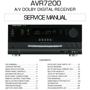 Harman kardon avr 7200 service manual cover with picture of the AV Receiver with model type and number