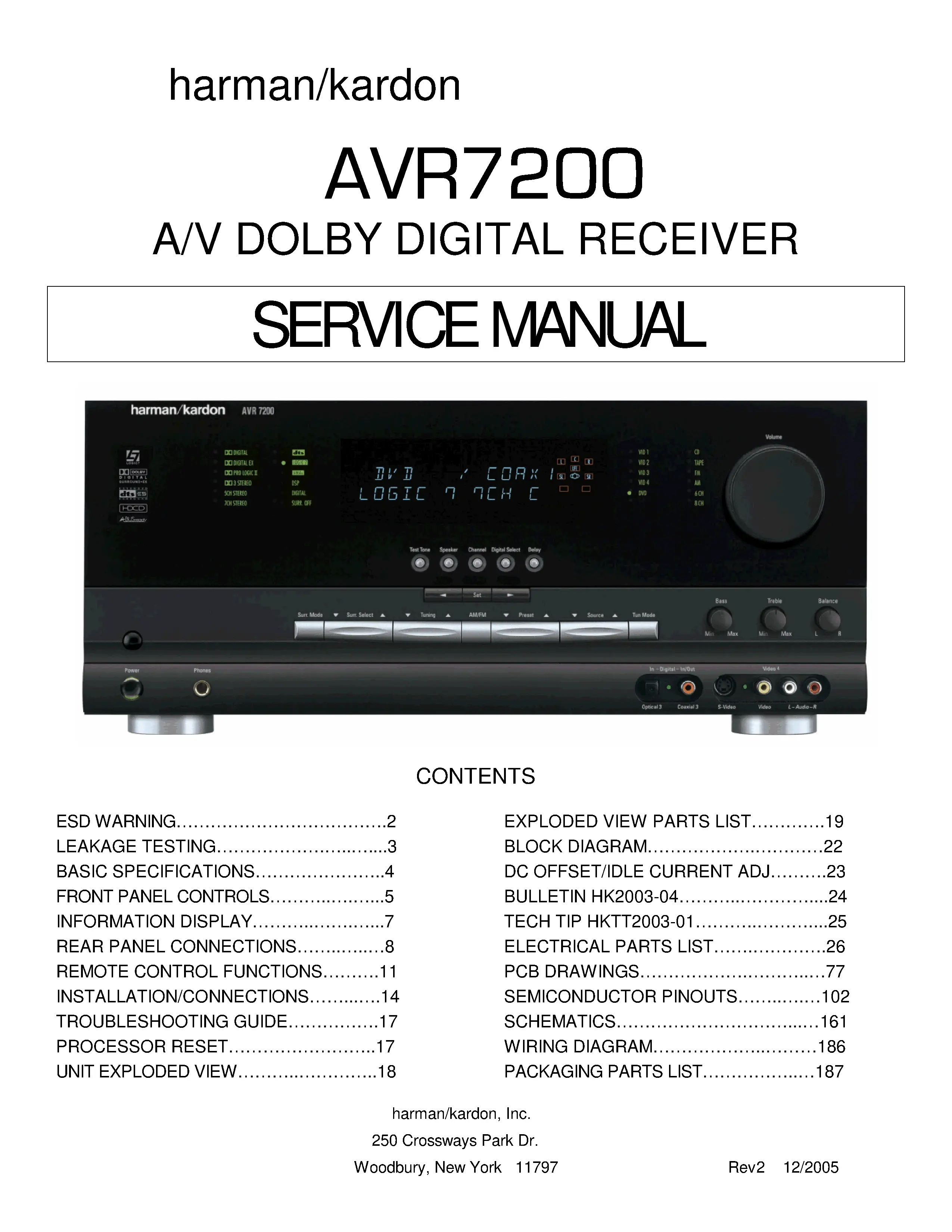 Harman kardon avr 7200 service manual cover with picture of the AV Receiver with model type and number