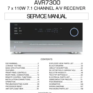 Harman kardon avr 7300 service manual cover with picture of the AV Receiver with model type and number